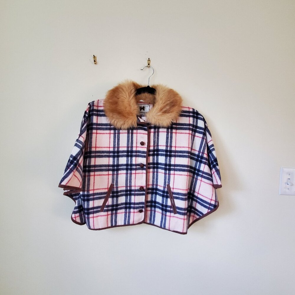 Girls Plaid Fur Collar Cape, Size 7 to 8